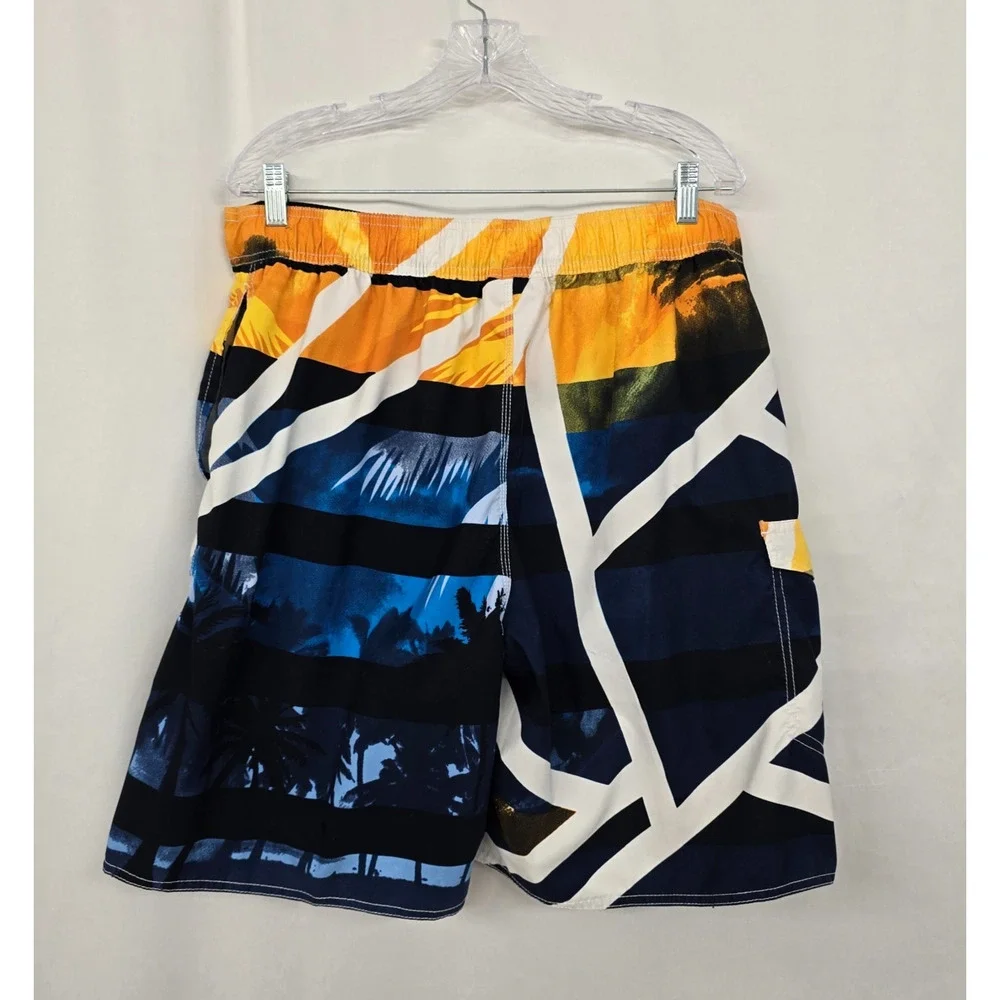 Maui Waves Swim Trunks Men's 2XL Blue Gold Tropical Mesh Lining Tie Front Pocket